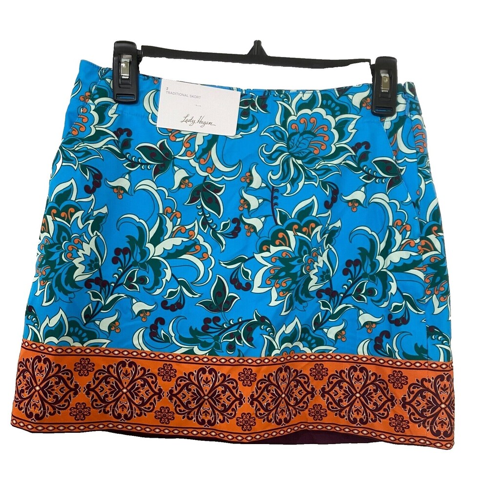 Lady Hagen Women's Fashion Skort Size 2 Blue Scarf Print Golf Shorts Lined NWT